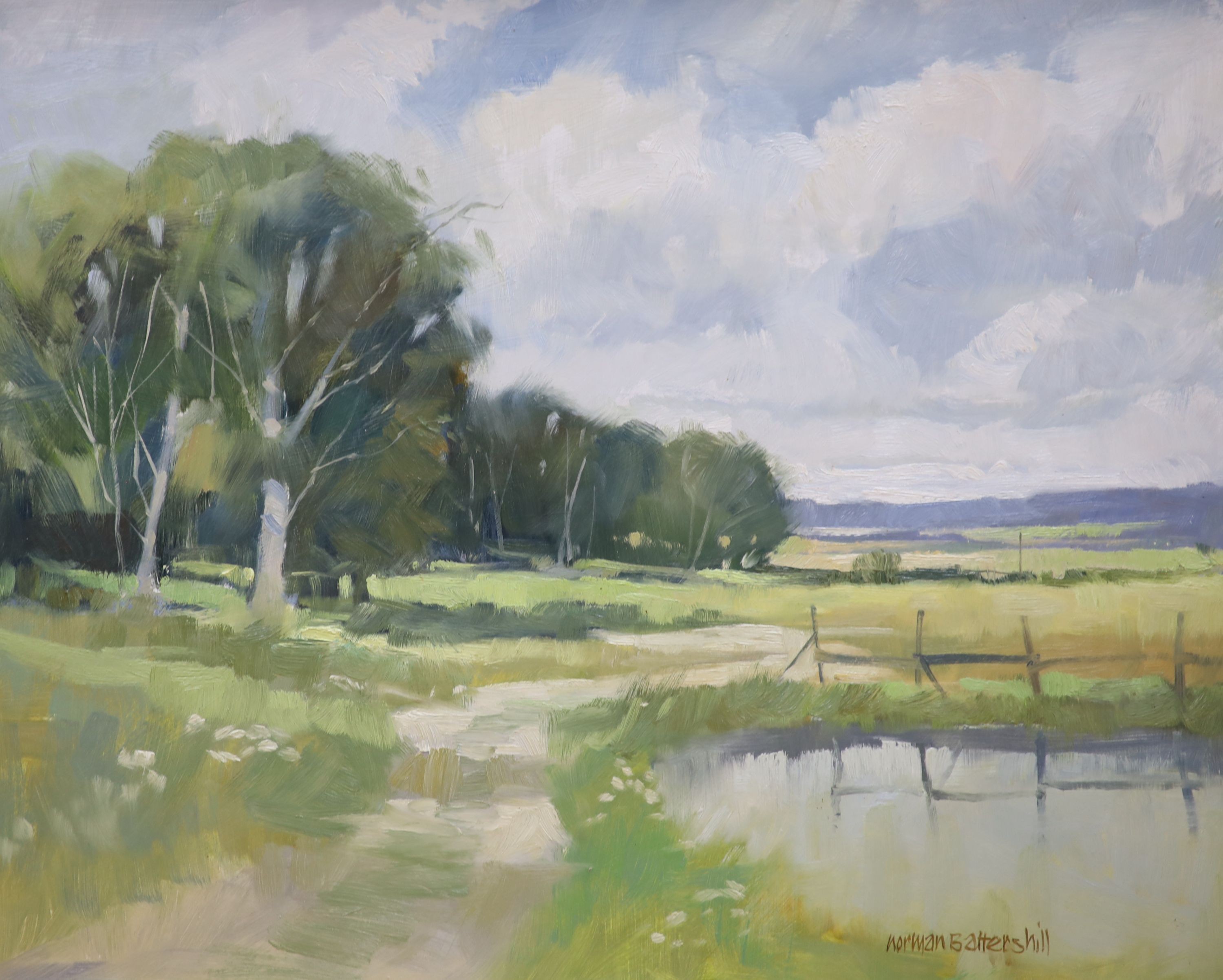 Norman Battershill (1922-2010), oil on board, Landscape with trees beside a pond, signed, 60 x 73cm